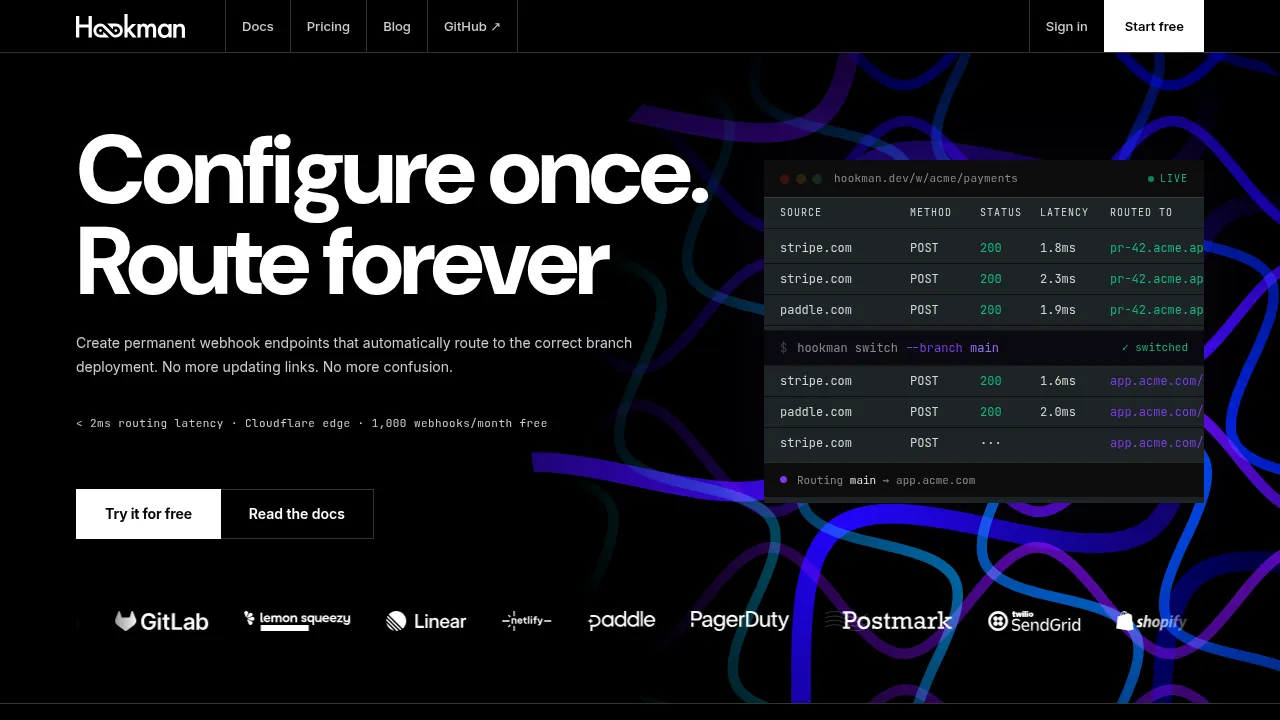 The Hookman homepage, showing a live webhook log and the tagline 'Configure once. Route forever.'