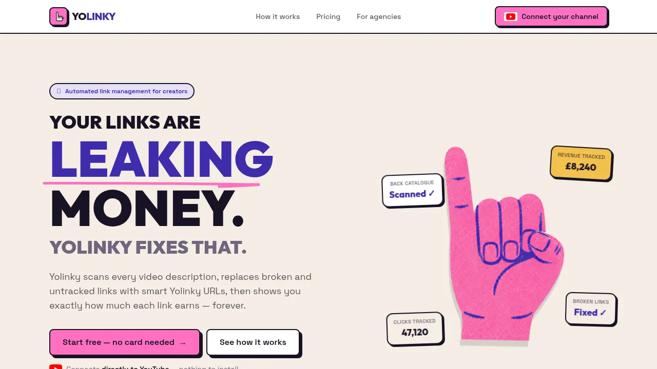The Yolinky homepage with the headline 'Your links are leaking money. Yolinky fixes that.'